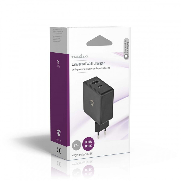 Nedis Oplader | 57 W | PD3.0 45W | Snellaad functie | 2.25 / 2.4 / 3.0 A | Outputs: 2 | USB-A / USB-C™ | Geen Kabel Inbegrepen | Automatische Voltage Selectie | Zwart