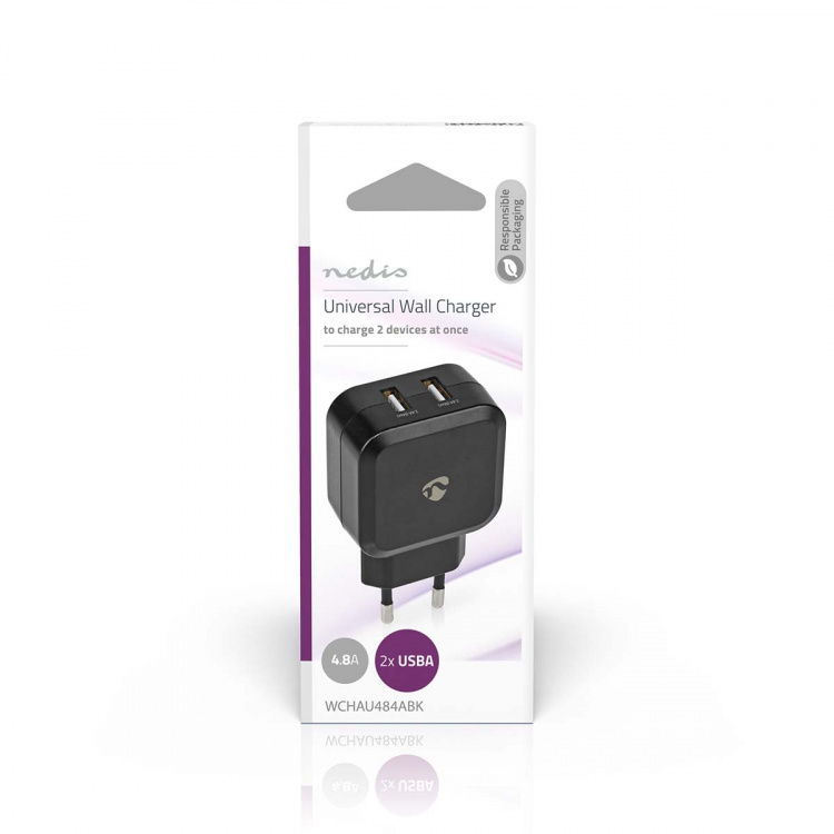Nedis Oplader | 24 W | Snellaad functie | 2x 2.4 A | Outputs: 2 | 2x USB-A | Geen Kabel Inbegrepen | Single Voltage Output | Zwart