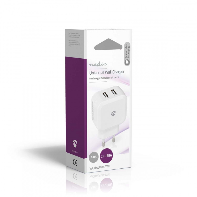 Nedis Oplader | 24 W | Snellaad functie | 2x 2.4 A | Outputs: 2 | 2x USB-A | Geen Kabel Inbegrepen | Single Voltage Output | Wit