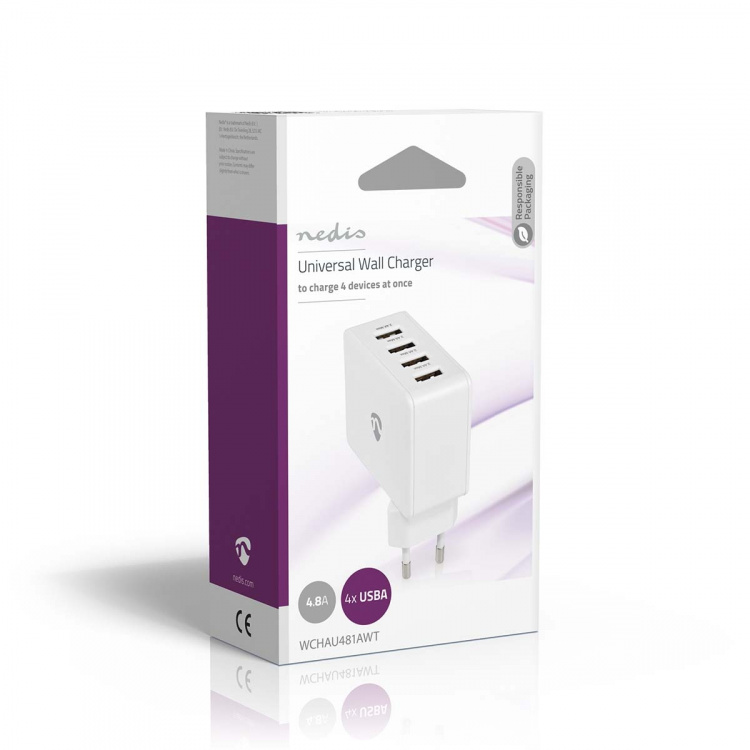 Nedis Oplader | 24 W | Snellaad functie | 4x 2.4 A | Outputs: 4 | 4x USB-A | Geen Kabel Inbegrepen | Single Voltage Output | Wit