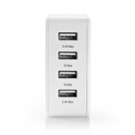 Nedis Oplader | 24 W | Snellaad functie | 4x 2.4 A | Outputs: 4 | 4x USB-A | Geen Kabel Inbegrepen | Single Voltage Output | Wit