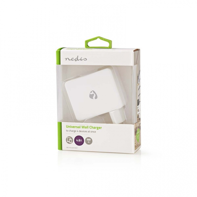 Nedis Oplader | 24 W | Snellaad functie | 4x 2.4 A | Outputs: 4 | 4x USB-A | Geen Kabel Inbegrepen | Single Voltage Output | Wit