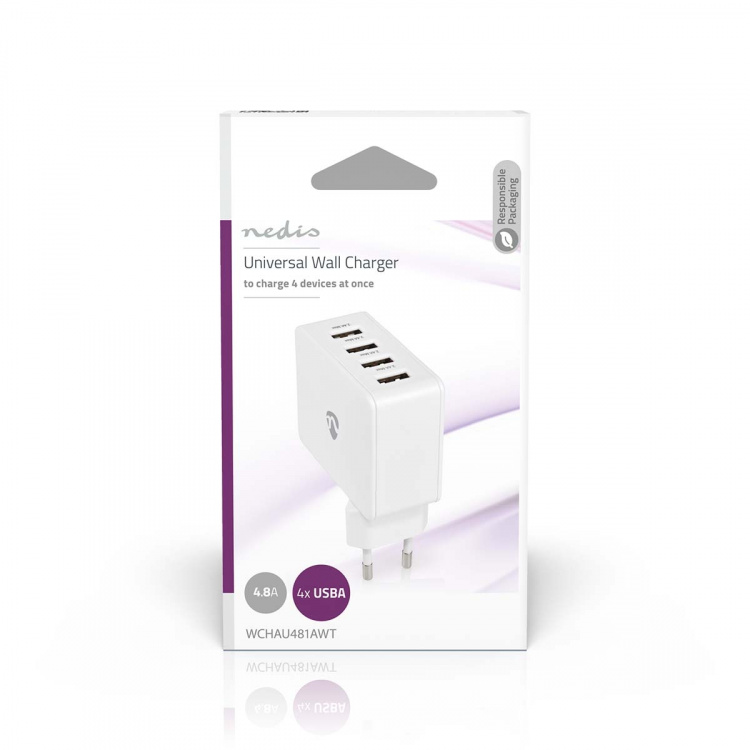 Nedis Oplader | 24 W | Snellaad functie | 4x 2.4 A | Outputs: 4 | 4x USB-A | Geen Kabel Inbegrepen | Single Voltage Output | Wit