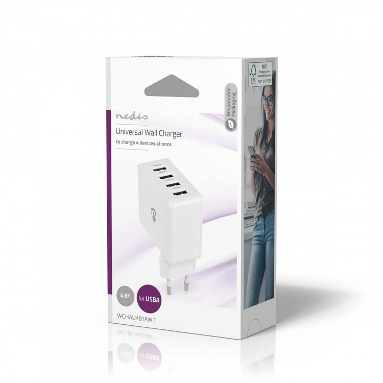 Nedis Oplader | 24 W | Snellaad functie | 4x 2.4 A | Outputs: 4 | 4x USB-A | Geen Kabel Inbegrepen | Single Voltage Output | Wit