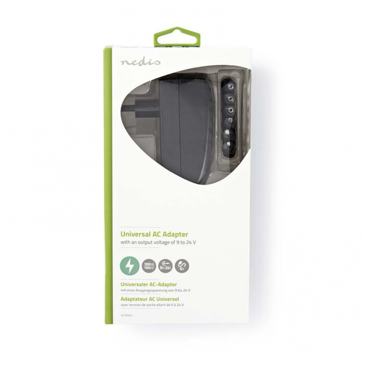 Nedis Universele AC-Stroomadapter | 24 W | 9 - 24 V DC | 1.80 m | 1.0 - 1.5 A | 6 plug(s) | Zwart