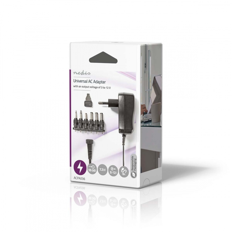 Nedis Universele AC-Stroomadapter | 7.20 W | 3 - 12 V DC | 1.80 m | 1.0 A | 6 plug(s) | Zwart