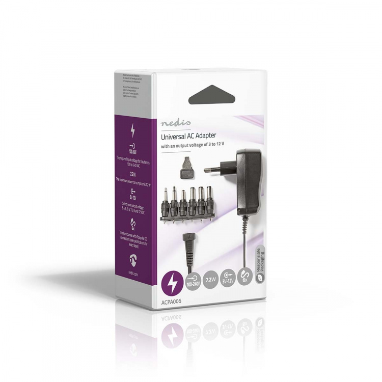 Nedis Universele AC-Stroomadapter | 7.20 W | 3 - 12 V DC | 1.80 m | 1.0 A | 6 plug(s) | Zwart