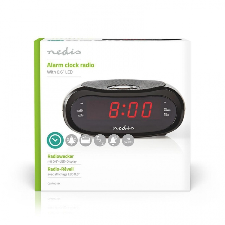 Nedis Digitale Wekkerradio | LED | AM / FM | Snoozefunctie | Slaaptimer | Aantal alarmen: 2 | Zwart Nedis Digitale Wekkerradio | LED | AM / FM | Snoozefunctie | Slaaptimer | Aantal alarmen: 2 | Zwart