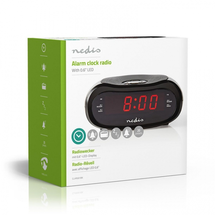 Nedis Digitale Wekkerradio | LED | AM / FM | Snoozefunctie | Slaaptimer | Aantal alarmen: 2 | Zwart Nedis Digitale Wekkerradio | LED | AM / FM | Snoozefunctie | Slaaptimer | Aantal alarmen: 2 | Zwart
