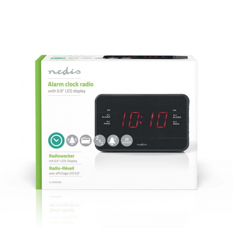 Nedis Digitale Wekkerradio | LED | 1x 3.5 mm Audio Input | Tijdprojectie | AM / FM | Snoozefunctie | Slaaptimer | Aantal alarmen: 2 | Zwart Nedis Digitale Wekkerradio | LED | 1x 3.5 mm Audio Input | Tijdprojectie | AM / FM | Snoozefunctie | Slaaptimer | Aantal alarmen: 2 | Zwart