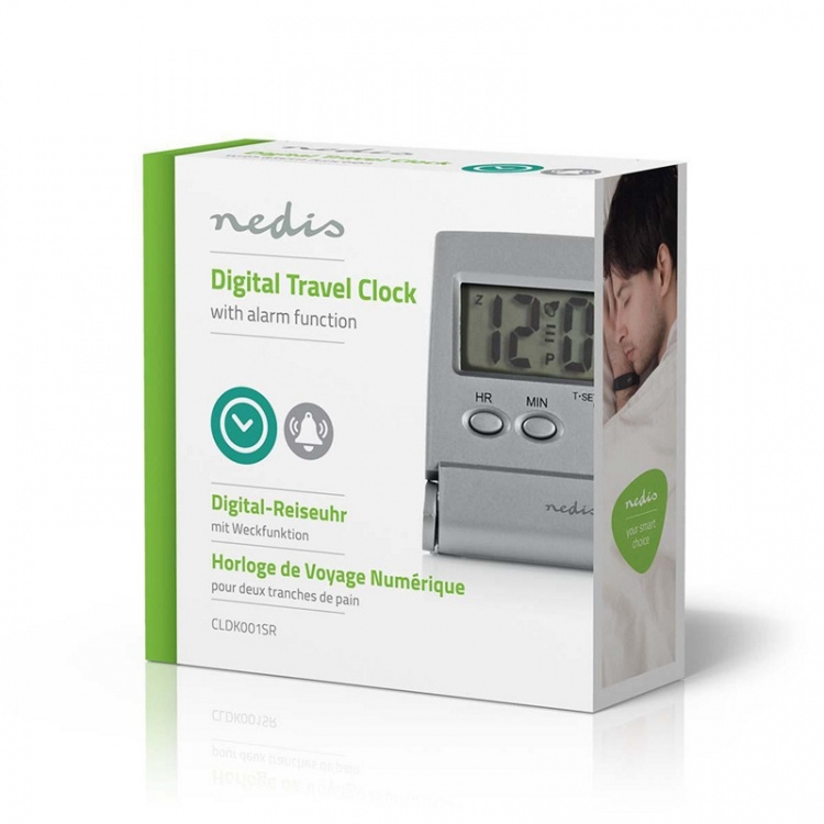 Nedis Digitale Bureau-Wekker | Verlicht LCD-Scherm | 1.7 cm | Achtergrondverlichting | Opvouwbaar | Gebruikt voor: Reizen | Snoozefunctie | Ja | Zilver
