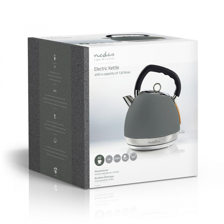 Nedis Waterkoker | 1.8 l | Soft-Touch | Grijs | 360 graden draaibaar | Verborgen verwarmingselement | Strix®-controller | Droogkookbeveiliging