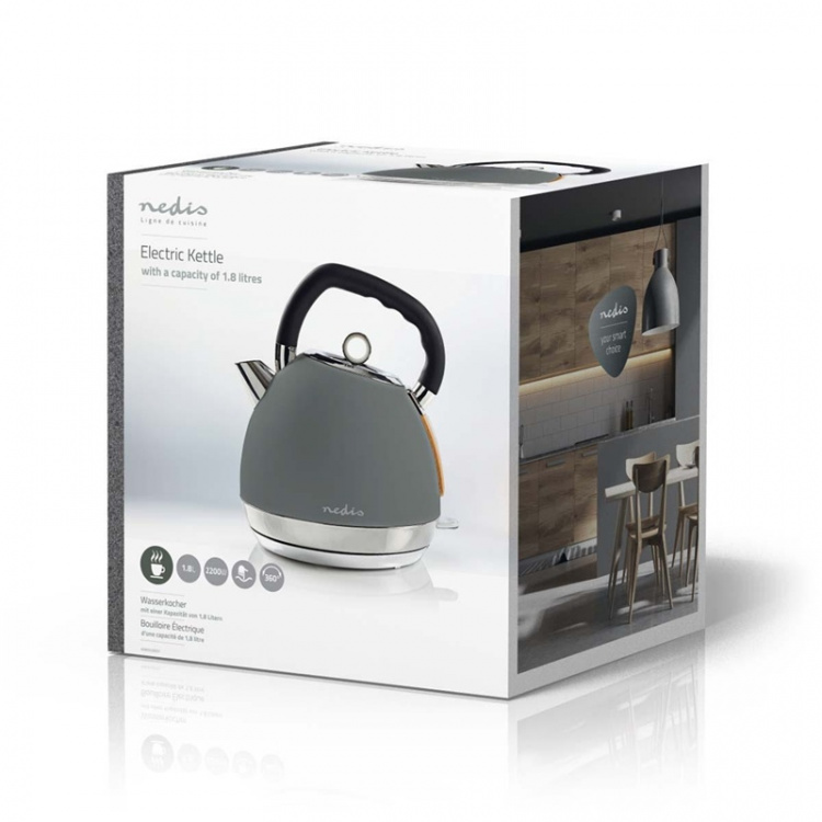 Nedis Waterkoker | 1.8 l | Soft-Touch | Grijs | 360 graden draaibaar | Verborgen verwarmingselement | Strix®-controller | Droogkookbeveiliging