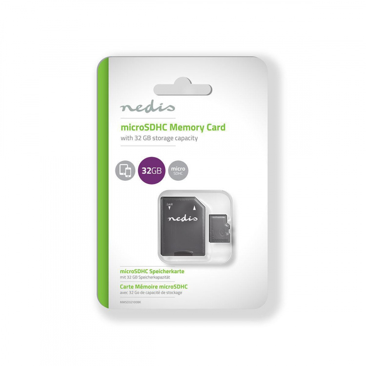 Nedis microSD-geheugenkaart | microSDHC | 32 GB | Schrijfsnelheid: 50 MB/s | Leessnelheid: 100 MB/s | UHS-I | SD-adapter inbegrepen Nedis microSD-geheugenkaart | microSDHC | 32 GB | Schrijfsnelheid: 50 MB/s | Leessnelheid: 100 MB/s | UHS-I | SD-adapter inbegrepen