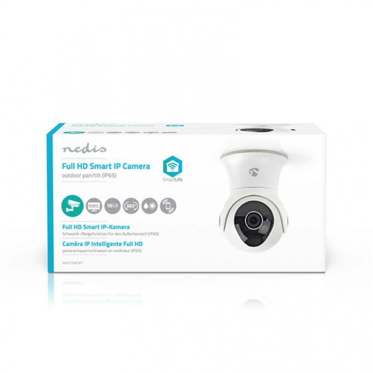 Nedis SmartLife Camera voor Buiten | Full HD 1080p | Pan tilt | IP65 | Cloud Opslag (optioneel) / Intern 16 GB | 12 V DC | Met bewegingssensor | Nachtzicht | Wit