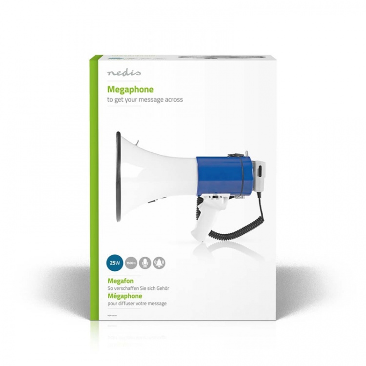 Nedis Megafoon | Maximaal bereik: 1500 m | Maximale volume: 120 dB | Afneembare Microfoon | Ingebouwde sirene | Schouder riem | Blauw / Wit Nedis Megafoon | Maximaal bereik: 1500 m | Maximale volume: 120 dB | Afneembare Microfoon | Ingebouwde sirene | Schouder riem | Blauw / Wit