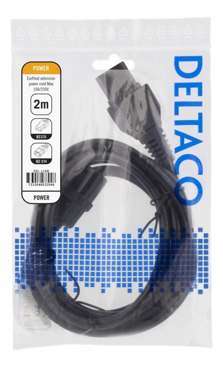 DELTACO 2m earthed cable IEC 6320 C15 - IEC 6320 C14, 250V/10A, black DELTACO 2m earthed cable IEC 6320 C15 - IEC 6320 C14, 250V/10A, black