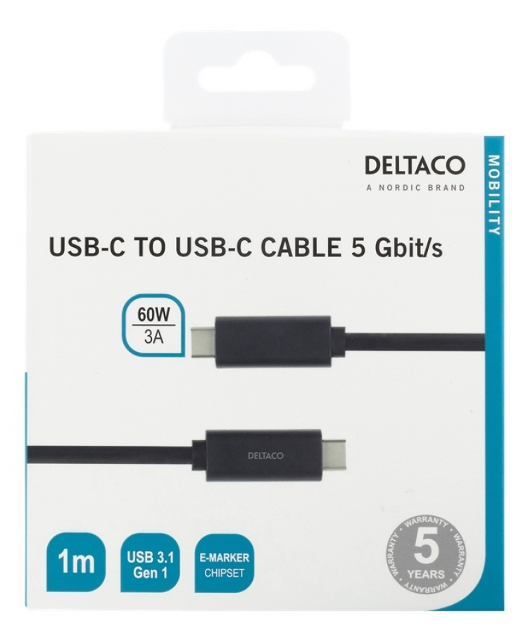 DELTACO USB-C to USB-C cable, 1m, 3A, USB 3.1 Gen, E-Marker, black
