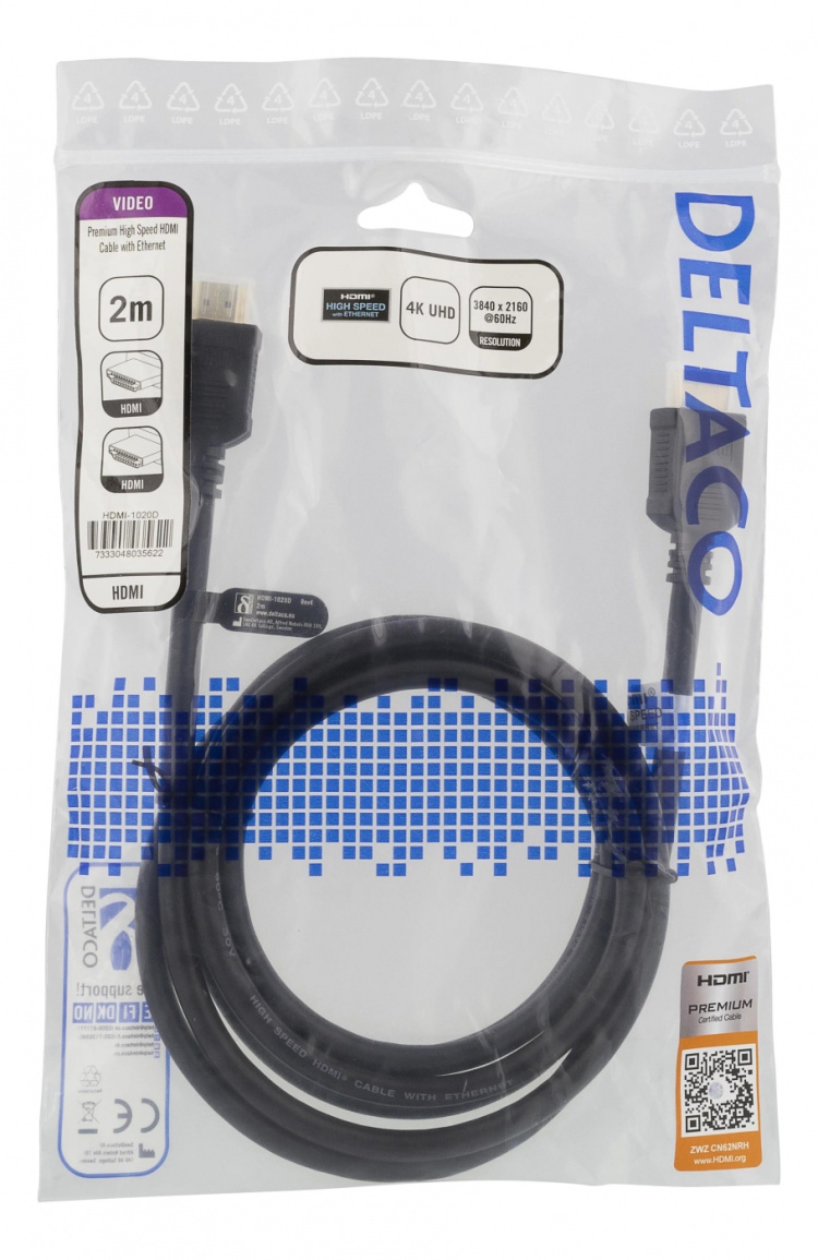 DELTACO High-Speed Premium HDMI cable, 2m, Ethernet, 4K UHD, black DELTACO High-Speed Premium HDMI cable, 2m, Ethernet, 4K UHD, black