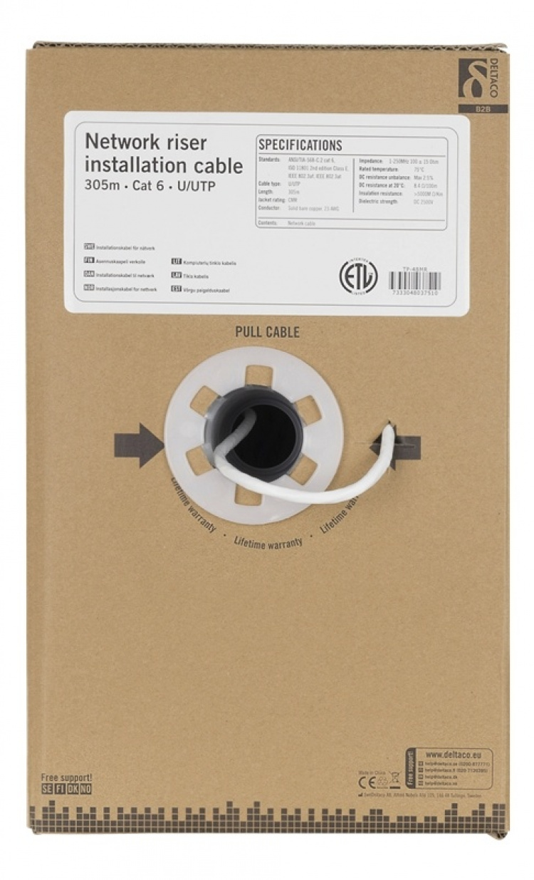 DELTACO U/UTP Cat6 installation riser cable, 305m box, 250MHz, Delta c DELTACO U/UTP Cat6 installation riser cable, 305m box, 250MHz, Delta c