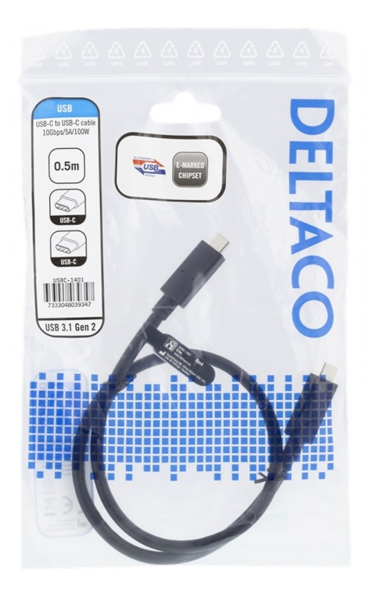 DELTACO USB-C to USB-C cable, 0.5m, 10Gbps, 100W 5A, USB 3.1 Gen 2, E-