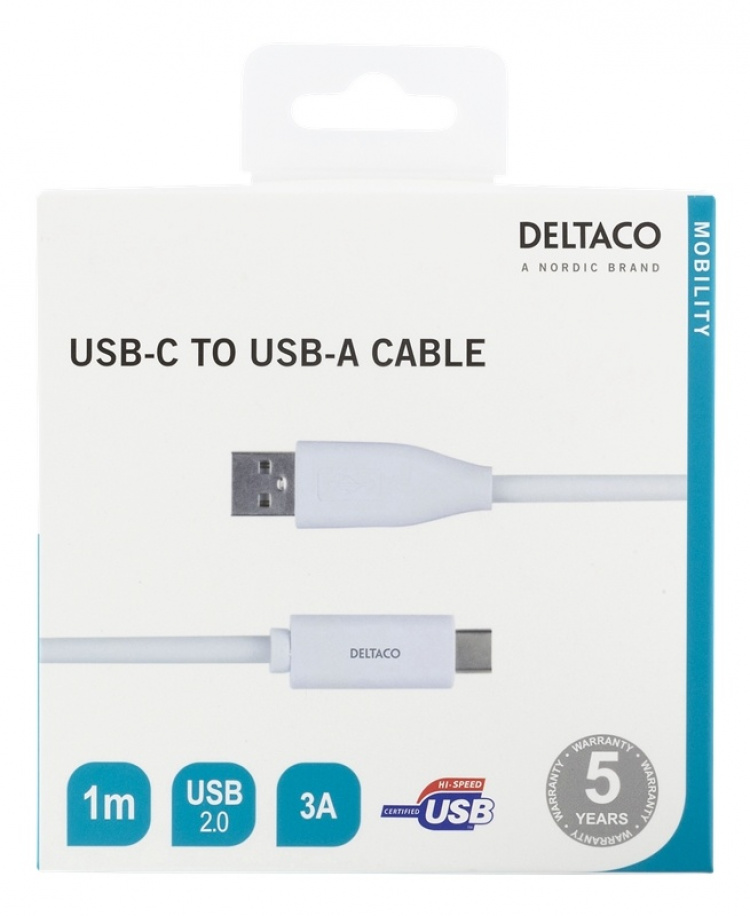 DELTACO USB-C to USB-A cable, 1m, 3A, USB 2.0, white