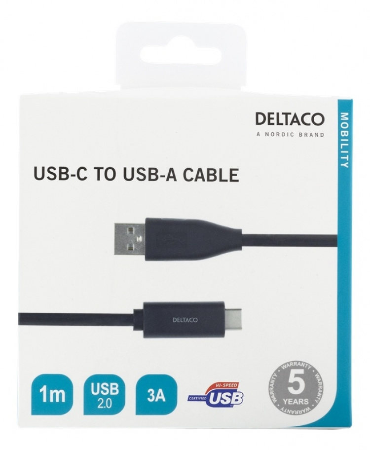 DELTACO USB-C to USB-A cable, 1m, 3A, USB 2.0, black