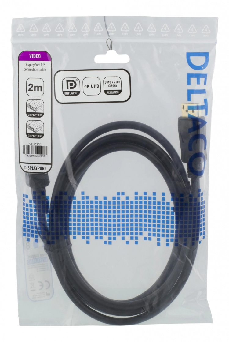 DELTACO DisplayPort cable, 2m, 4K UHD, DP 1.2, black