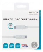 DELTACO USB-C - USB-C cable, 1m, USB 3.1 Gen 2, E-marker chipset, whit