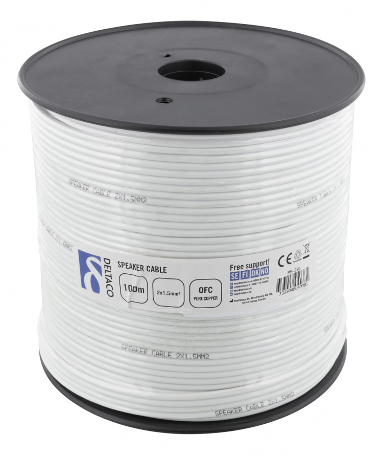DELTACO speaker cable, 2x1.5mm2, open ends, pure copper, 100m, white