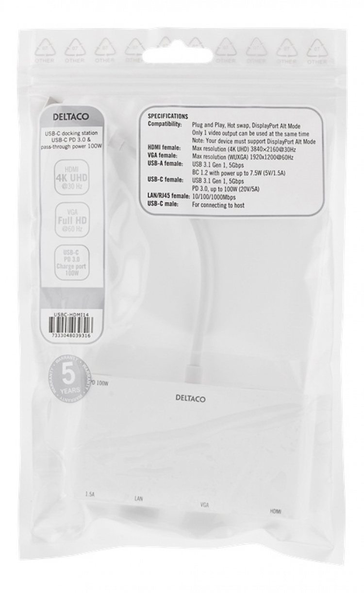 DELTACO USB-C Docking station, 100W USB-C PD, HDMI, 1.5A USB-A, Gigabi