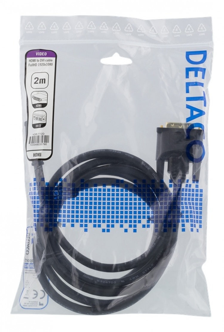 DELTACO HDMI naar DVI kabel, 2m, Full HD, zwart