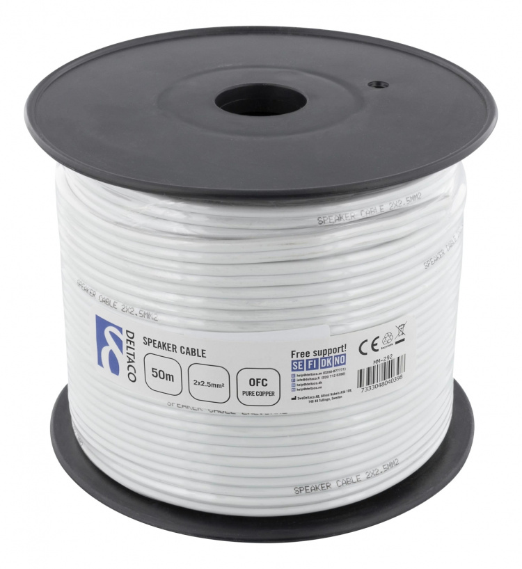 DELTACO speaker cable, 2x2,5mm2, open ends, pure copper, 50m, white