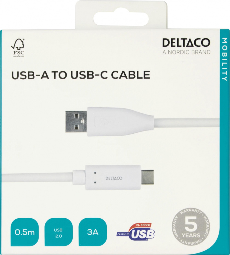 DELTACO USB-C to USB-A cable, 0.5m, 3A, USB 2.0, white