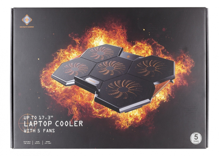 DELTACO GAMING Laptop cooler, 1000-1300 RPM, 5x140mm fans, 2xUSB-A