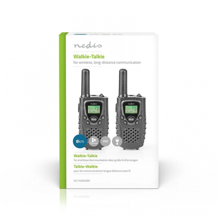 Nedis Walkie talkie Set | 2 Handsets | 8000 m | Aantal frequentiekanalen: 8 | PTT / VOX | 150 min | Koptelefoonoutput | Zwart