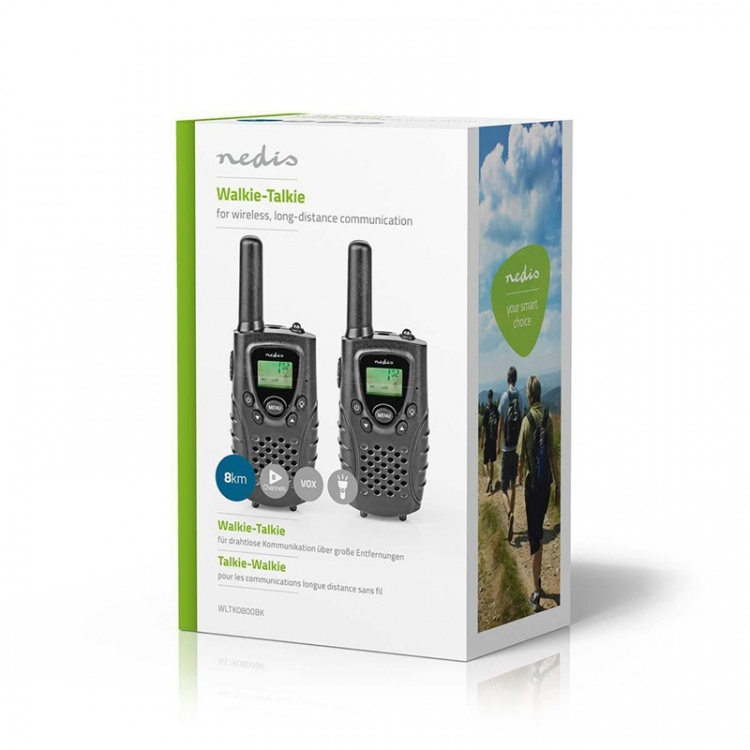Nedis Walkie talkie Set | 2 Handsets | 8000 m | Aantal frequentiekanalen: 8 | PTT / VOX | 150 min | Koptelefoonoutput | Zwart