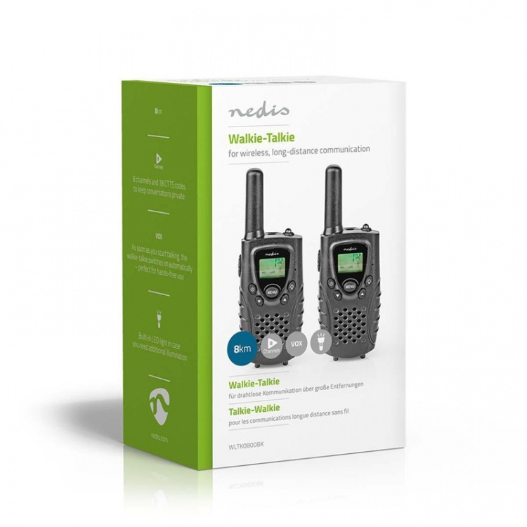 Nedis Walkie talkie Set | 2 Handsets | 8000 m | Aantal frequentiekanalen: 8 | PTT / VOX | 150 min | Koptelefoonoutput | Zwart