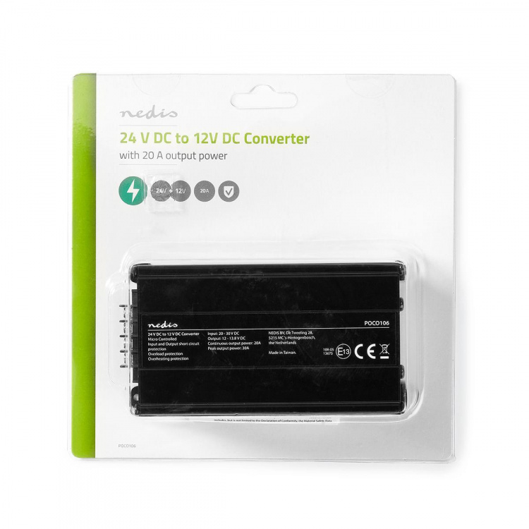 Nedis Power Converter | Auto Aangedreven | 24 V DC | 12 V DC | 240 W | Schroefklem | Voorzien van zekering | Zwart