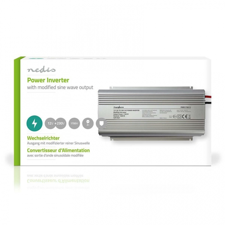 Nedis Omvormer Gemodificeerde Sinusgolf | Ingangsvoltage: 12 V DC | Apparaat stroomoutput: Type F (CEE 7/3) | 230 V AC 50 Hz | 1700 W | Piekvermogen: 3000 W | Screw Terminal | Zilver