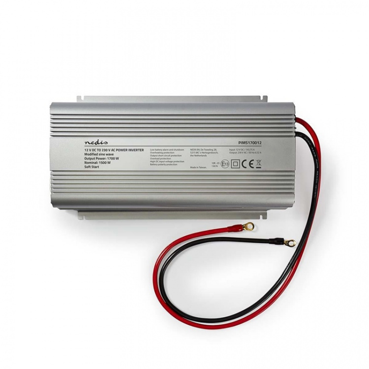Nedis Omvormer Gemodificeerde Sinusgolf | Ingangsvoltage: 12 V DC | Apparaat stroomoutput: Type F (CEE 7/3) | 230 V AC 50 Hz | 1700 W | Piekvermogen: 3000 W | Screw Terminal | Zilver