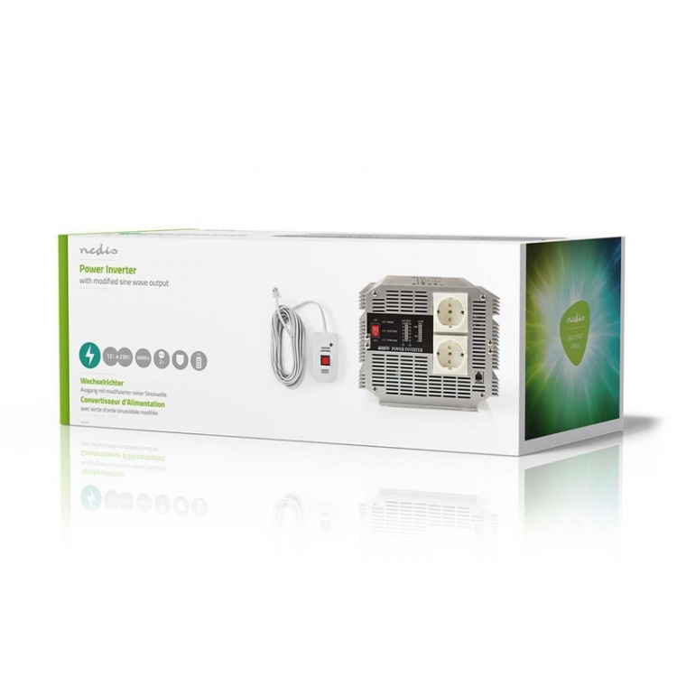 Nedis Omvormer Gemodificeerde Sinusgolf | Ingangsvoltage: 12 V DC | Apparaat stroomoutput: Type F (CEE 7/3) | 230 V AC 50 Hz | 4000 W | Piekvermogen: 8000 W | Screw Terminal | Zilver