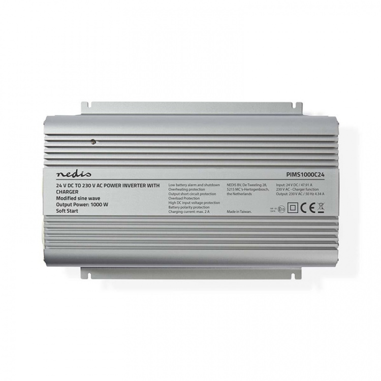 Inverter Gemodificeerde Sinusgolf | Ingangsvoltage: 24 V DC | Apparaat stroomoutput: 2 | 230 V AC 50 Hz | 1000 W | Piekvermogen: 2400 W | Type stopcontact: F (CEE 7/3) | Accuklemmen | Zilver