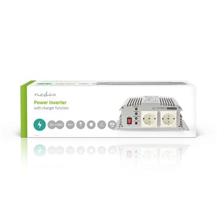 Inverter Gemodificeerde Sinusgolf | Ingangsvoltage: 24 V DC | Apparaat stroomoutput: 2 | 230 V AC 50 Hz | 1000 W | Piekvermogen: 2400 W | Type stopcontact: F (CEE 7/3) | Accuklemmen | Zilver