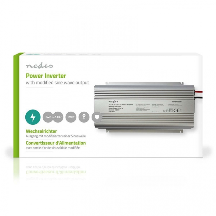 Nedis Omvormer Gemodificeerde Sinusgolf | Ingangsvoltage: 24 V DC | Apparaat stroomoutput: Type F (CEE 7/3) | 230 V AC 50 Hz | 1700 W | Piekvermogen: 3000 W | Screw Terminal | Zilver