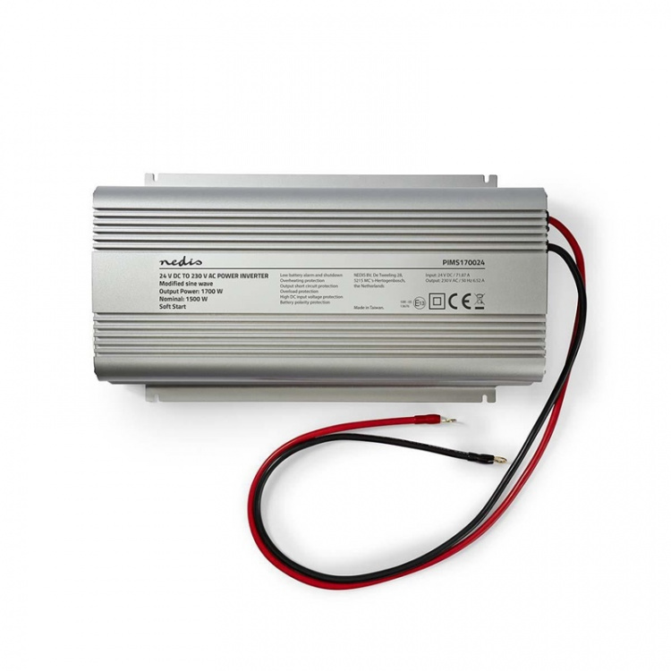 Nedis Omvormer Gemodificeerde Sinusgolf | Ingangsvoltage: 24 V DC | Apparaat stroomoutput: Type F (CEE 7/3) | 230 V AC 50 Hz | 1700 W | Piekvermogen: 3000 W | Screw Terminal | Zilver