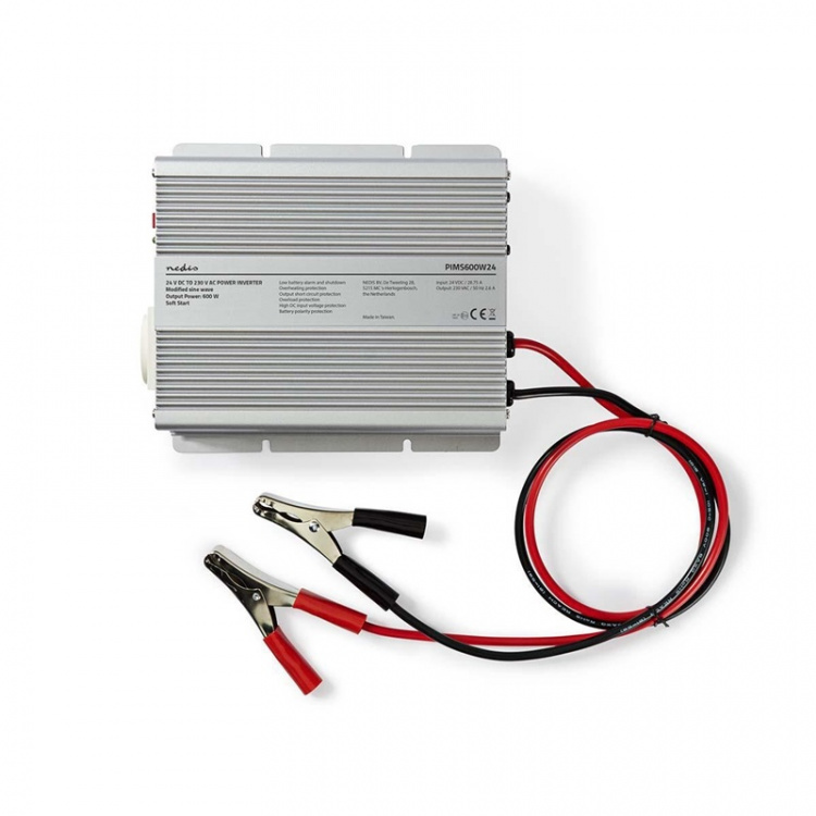 Nedis Inverter Gemodificeerde Sinusgolf | Ingangsvoltage: 24 V DC | Apparaat stroomoutput: Type F (CEE 7/3) | 230 V AC 50 Hz | 600 W | Piekvermogen: 1500 W | Accuklemmen | Zilver