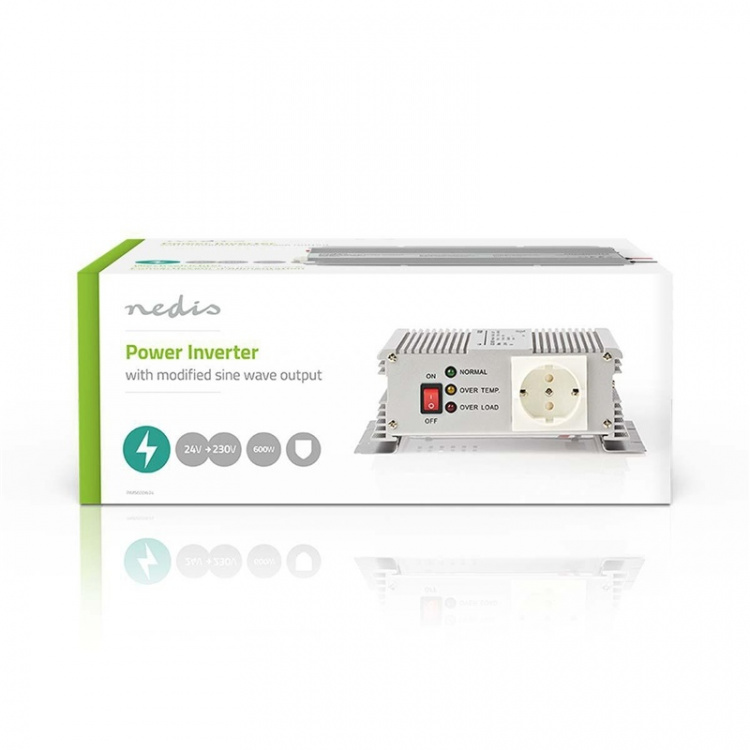 Nedis Inverter Gemodificeerde Sinusgolf | Ingangsvoltage: 24 V DC | Apparaat stroomoutput: Type F (CEE 7/3) | 230 V AC 50 Hz | 600 W | Piekvermogen: 1500 W | Accuklemmen | Zilver