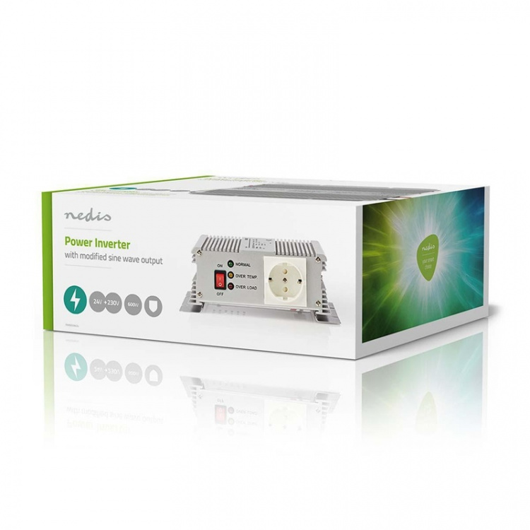 Nedis Inverter Gemodificeerde Sinusgolf | Ingangsvoltage: 24 V DC | Apparaat stroomoutput: Type F (CEE 7/3) | 230 V AC 50 Hz | 600 W | Piekvermogen: 1500 W | Accuklemmen | Zilver