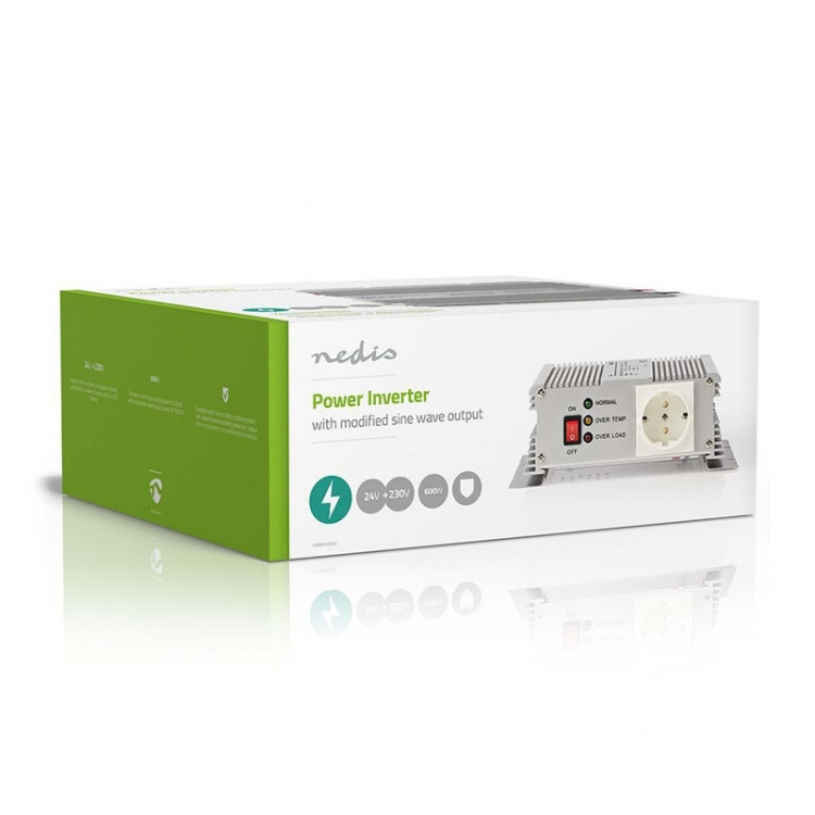 Nedis Inverter Gemodificeerde Sinusgolf | Ingangsvoltage: 24 V DC | Apparaat stroomoutput: Type F (CEE 7/3) | 230 V AC 50 Hz | 600 W | Piekvermogen: 1500 W | Accuklemmen | Zilver